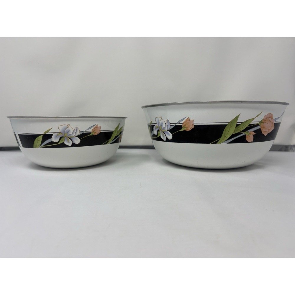 Vintage Sango Cookware Japan Metal Enamel Bowls Floral Lily Design Set 2 Bowls